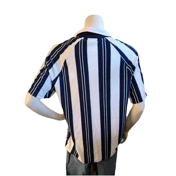 Fabletics Men’s Sz L Island Terry Button Up Navy Striped Retro Cabana Beach Wear - Picture 6 of 10